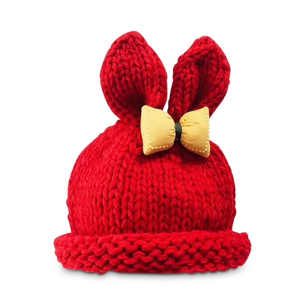 Knitted baby girl rabbit ear hat with bow
